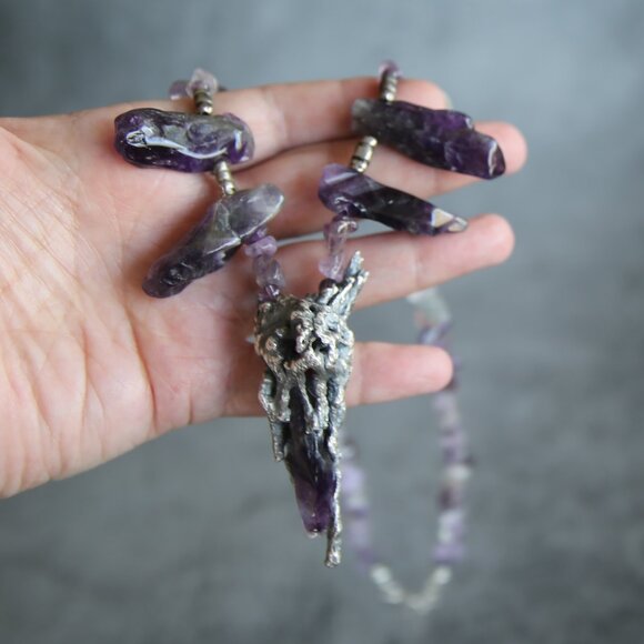 Amethyst and Fine Silver Cholla Skeleton Necklace